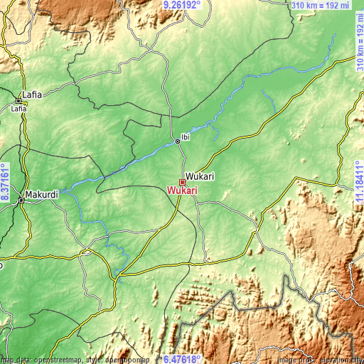Topographic map of Wukari