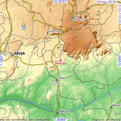 Topographic map of Wamba