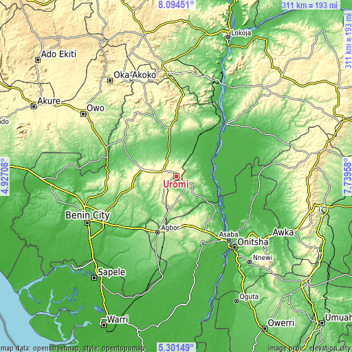 Topographic map of Uromi