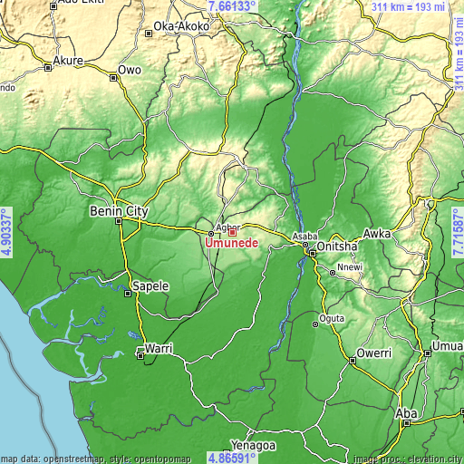 Topographic map of Umunede