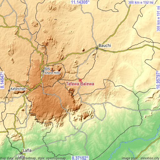 Topographic map of Tafawa Balewa