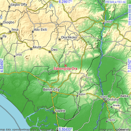 Topographic map of Sabongida-Ora