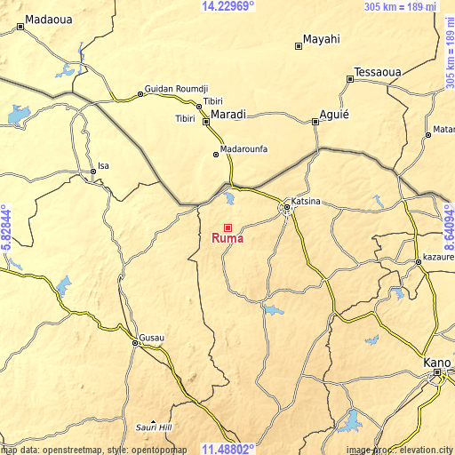 Topographic map of Ruma