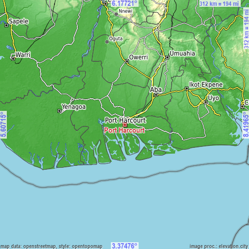 Topographic map of Port Harcourt