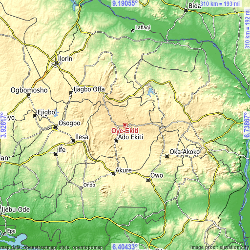 Topographic map of Oye-Ekiti