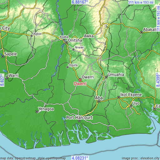 Topographic map of Owerri