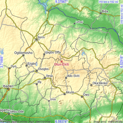 Topographic map of Otun-Ekiti