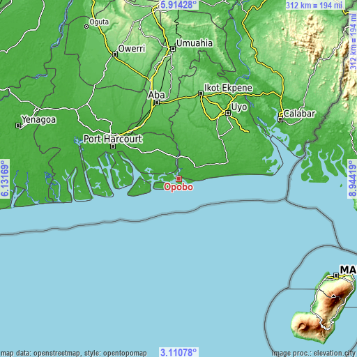 Topographic map of Opobo