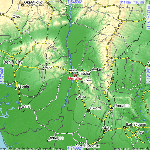 Topographic map of Onitsha