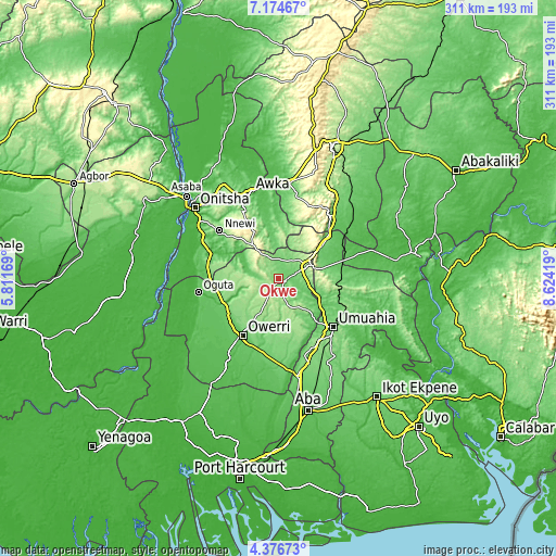 Topographic map of Okwe