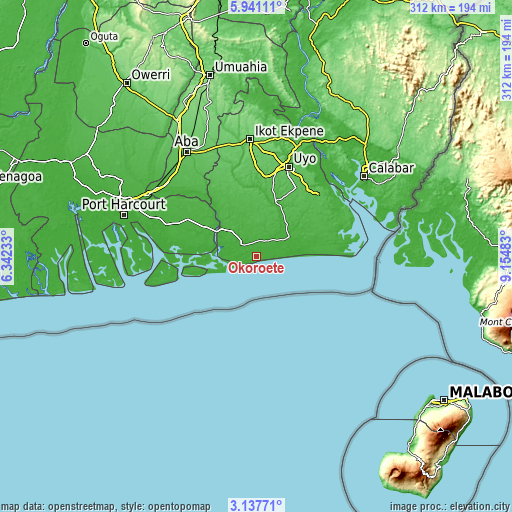 Topographic map of Okoroete