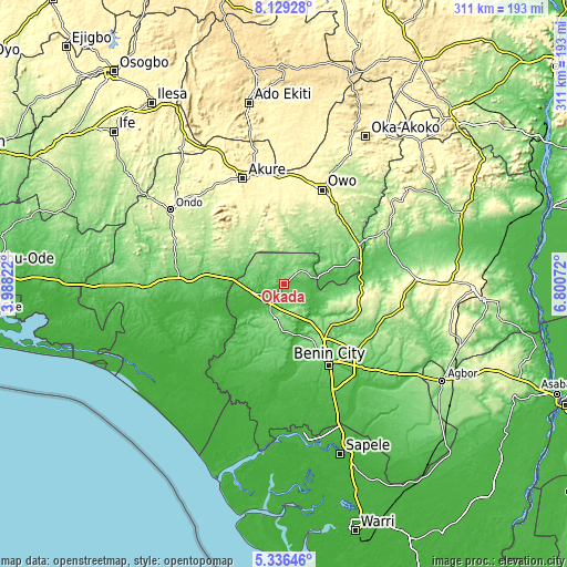 Topographic map of Okada