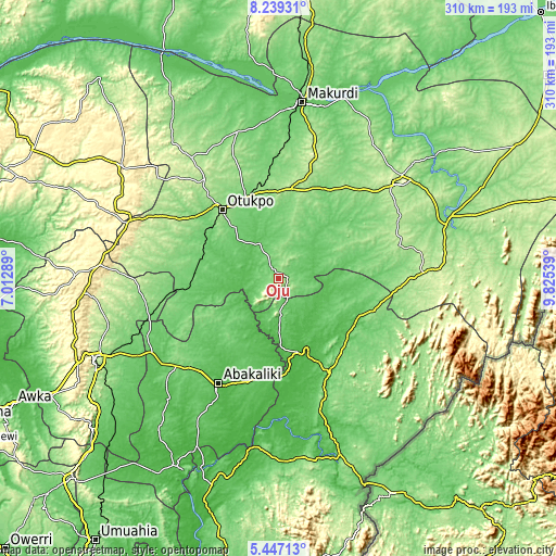 Topographic map of Oju