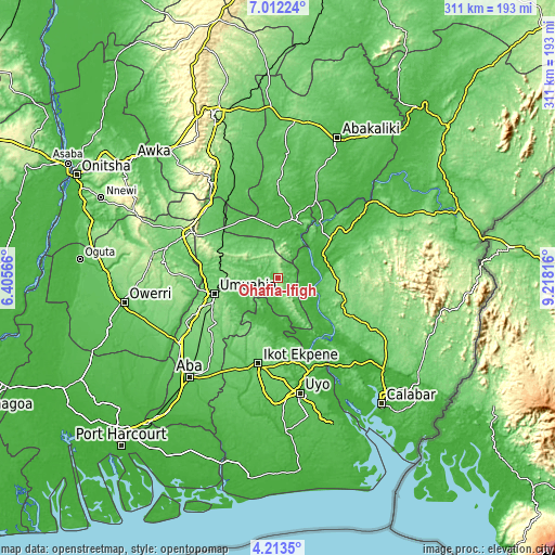 Topographic map of Ohafia-Ifigh