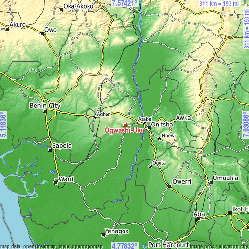 Topographic map of Ogwashi-Uku