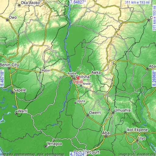Topographic map of Ogidi