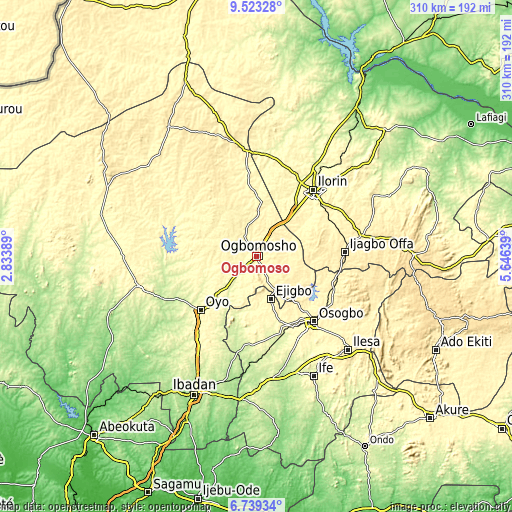 Topographic map of Ogbomoso
