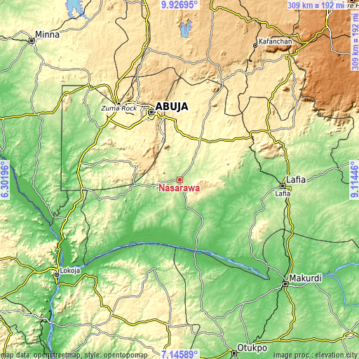 Topographic map of Nasarawa