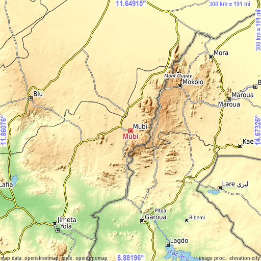 Topographic map of Mubi