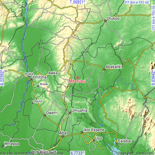 Topographic map of Mberubu