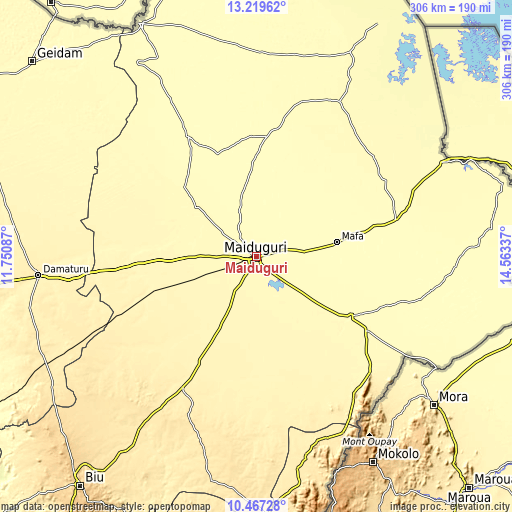 Topographic map of Maiduguri