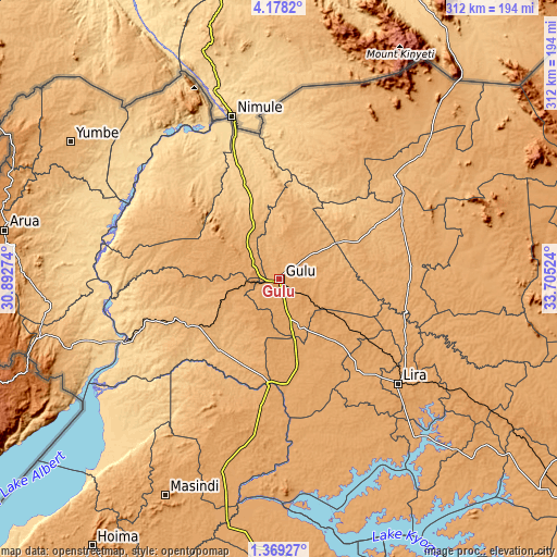 Topographic map of Gulu