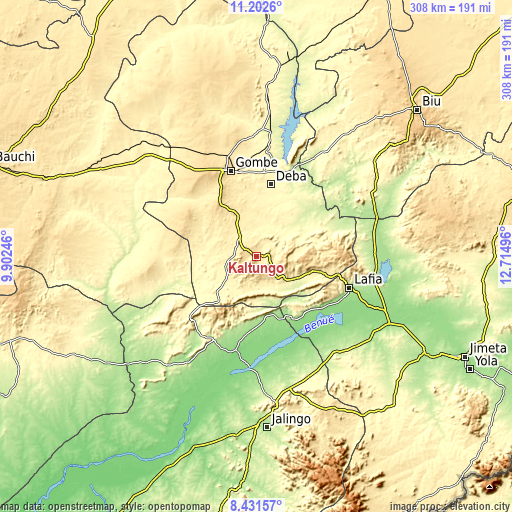 Topographic map of Kaltungo