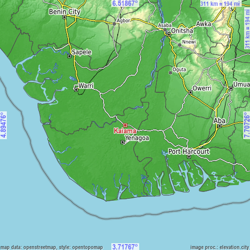 Topographic map of Kaiama