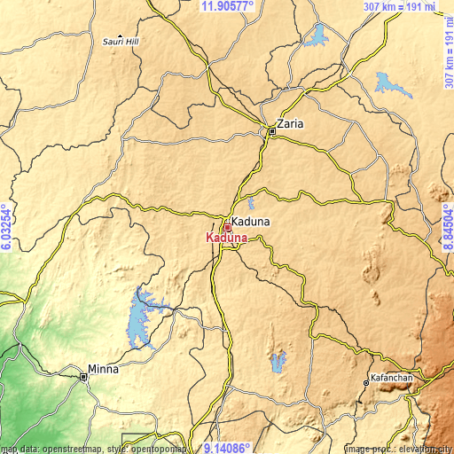 Topographic map of Kaduna