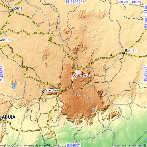 Topographic map of Jos
