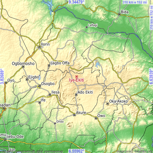 Topographic map of Iye-Ekiti