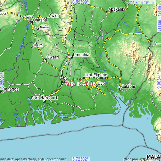 Topographic map of Afaha Ikot Ebak