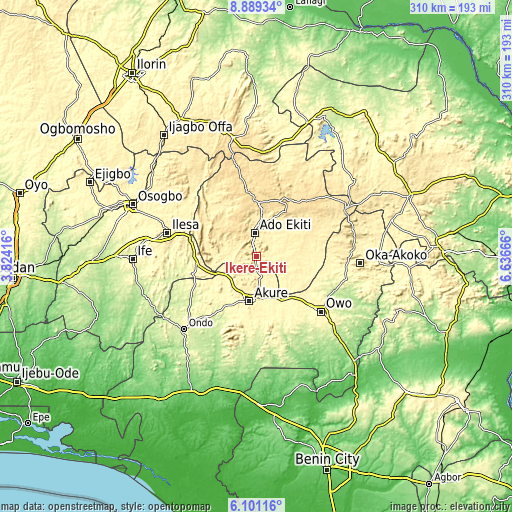 Topographic map of Ikere-Ekiti