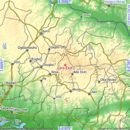 Topographic map of Ijero-Ekiti