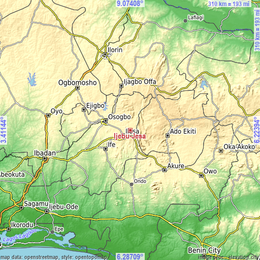 Topographic map of Ijebu-Jesa