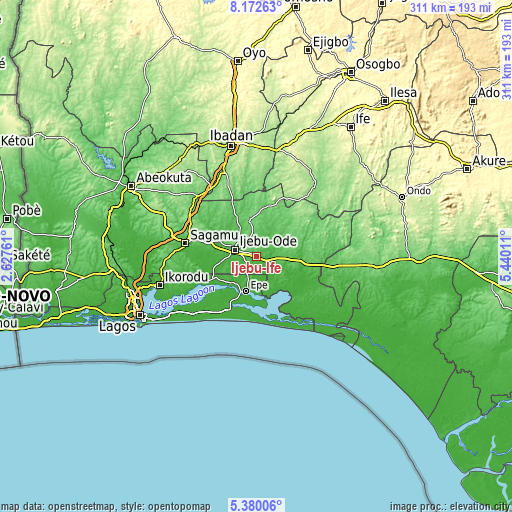 Topographic map of Ijebu-Ife