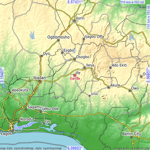 Topographic map of Ile-Ife
