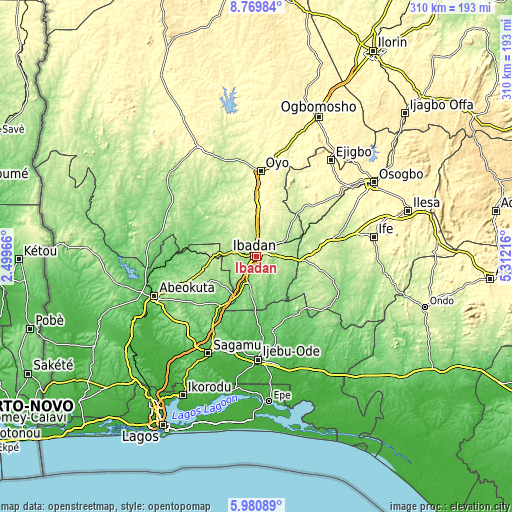 Topographic map of Ibadan