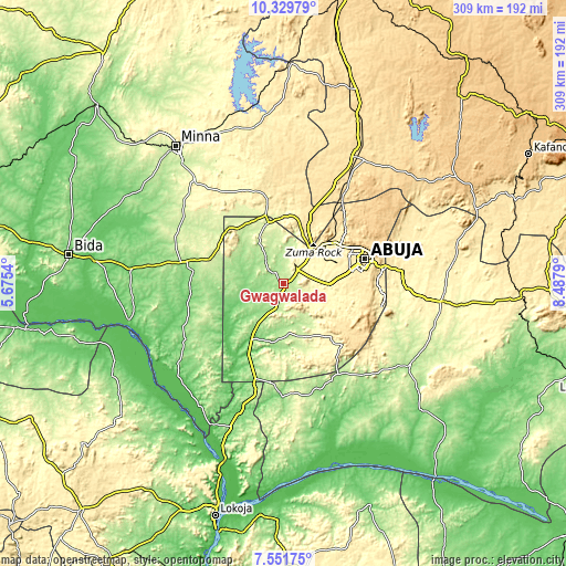 Topographic map of Gwagwalada