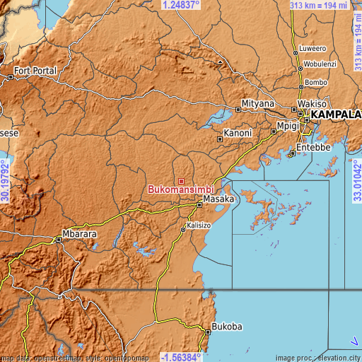 Topographic map of Bukomansimbi