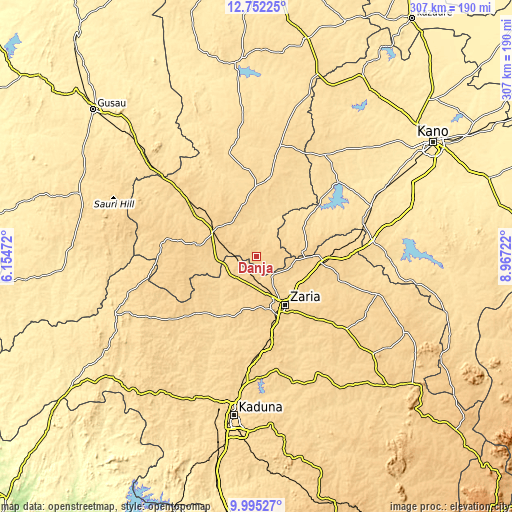 Topographic map of Danja