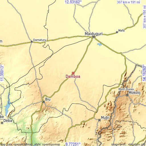 Topographic map of Damboa