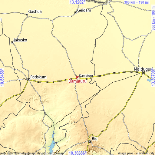 Topographic map of Damaturu