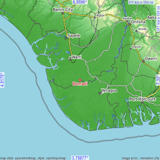 Topographic map of Bomadi