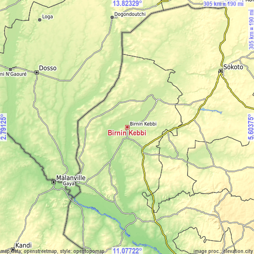 Topographic map of Birnin Kebbi
