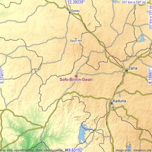 Topographic map of Sofo-Birnin-Gwari