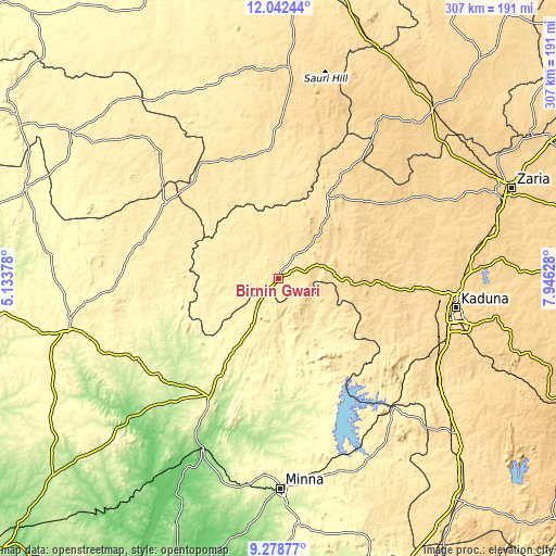 Topographic map of Birnin Gwari