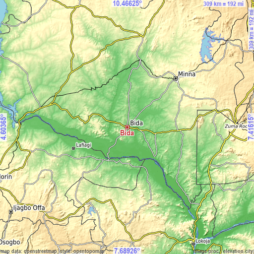 Topographic map of Bida
