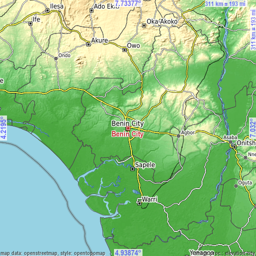 Topographic map of Benin City