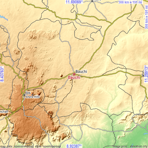 Topographic map of Bauchi